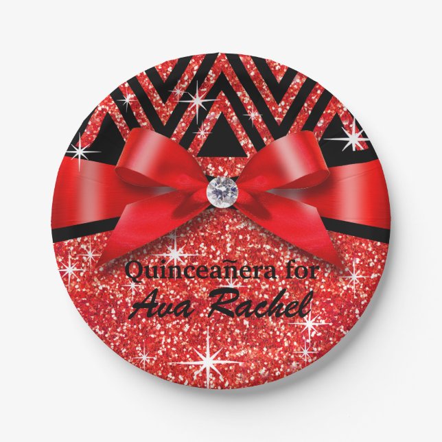 Glitter Chevron Bling Diamond Bow | red Paper Plate (Front)
