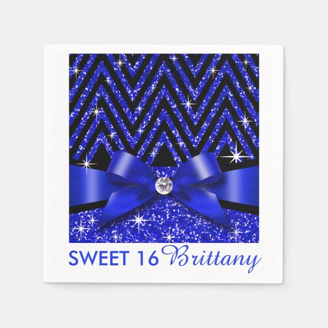 Glitter Chevron Bling Diamond Bow | sapphire Napkin (Front)