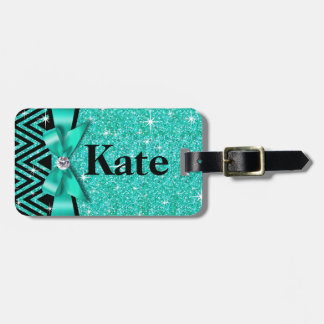 Glitter Chevron Bling Diamond Bow | teal Luggage Tag