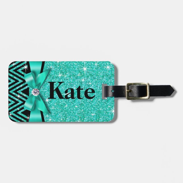 Glitter Chevron Bling Diamond Bow | teal Luggage Tag (Front Horizontal)