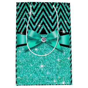 Glitter Chevron Bling Diamond Bow teal Medium Gift Bag