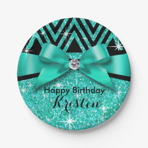 Glitter Chevron Bling Diamond Bow teal Paper Plate