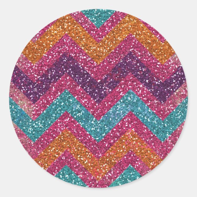 Glitter Chevron Pink Purple Orange Teal Classic Round Sticker (Front)