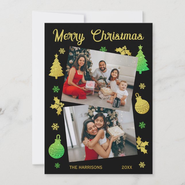 Glitter Christmas Tree Jolly Leaf Photo Black Holiday Card (Front)