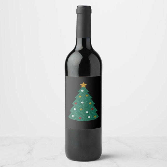 Glitter Christmas Tree Wine Label (Front)