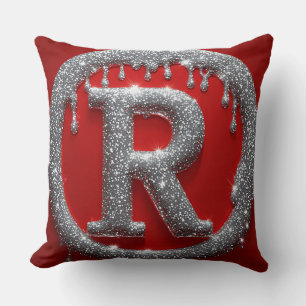 Glitter Chrome Letter R Monogram Red Luxury Emblem Throw Pillow