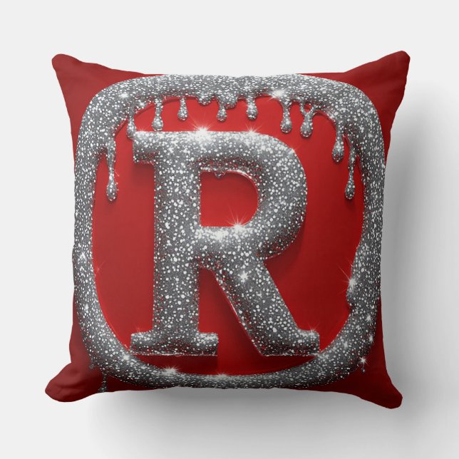 Glitter Chrome Letter R Monogram Red Luxury Emblem Throw Pillow (Front)