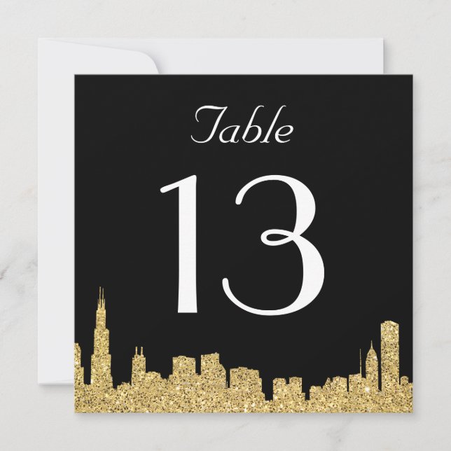 Glitter City Skyline Wedding Table Number Card (Front)