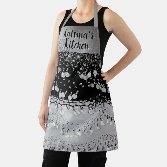 Glitter Coins Black and Silver Personalized  Apron (Insitu)
