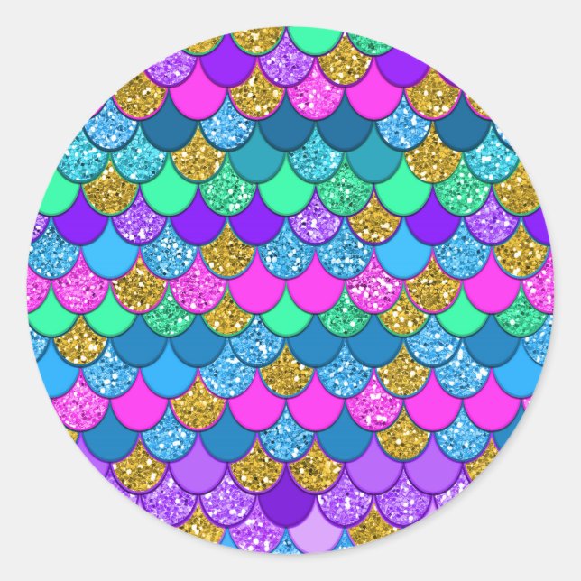 Glitter Colourful Mermaid Birthday Party Classic Round Sticker (Front)