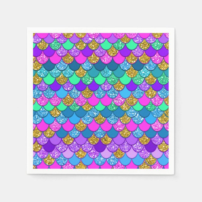 Glitter Colourful Mermaid Birthday Party Napkin (Front)