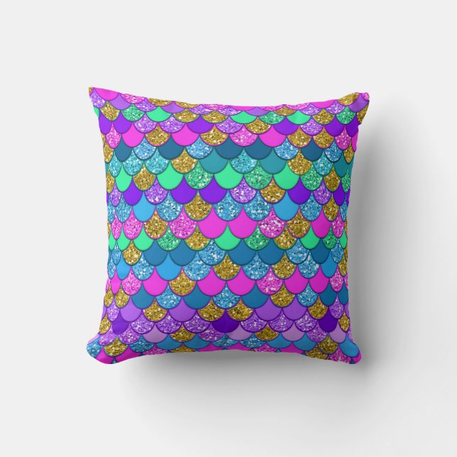 Glitter Colourful Multi-Coloured Mermaid Scales Throw Pillow (Front)