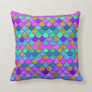 Glitter Colourful Multi-Coloured Mermaid Scales Throw Pillow
