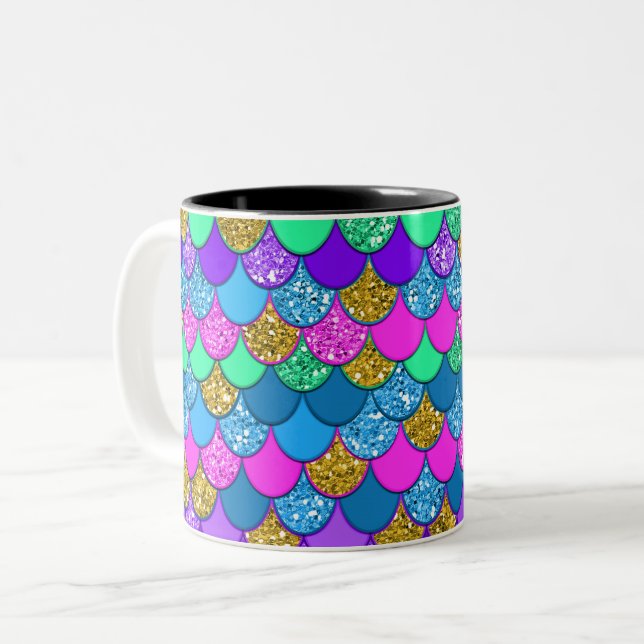 Glitter Colourful Multi-Coloured Mermaid Scales Two-Tone Coffee Mug (Front Left)