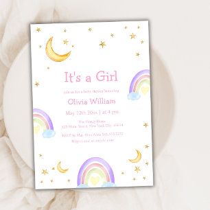 Glitter Colourful Rainbow Moon Star Baby Shower  Invitation
