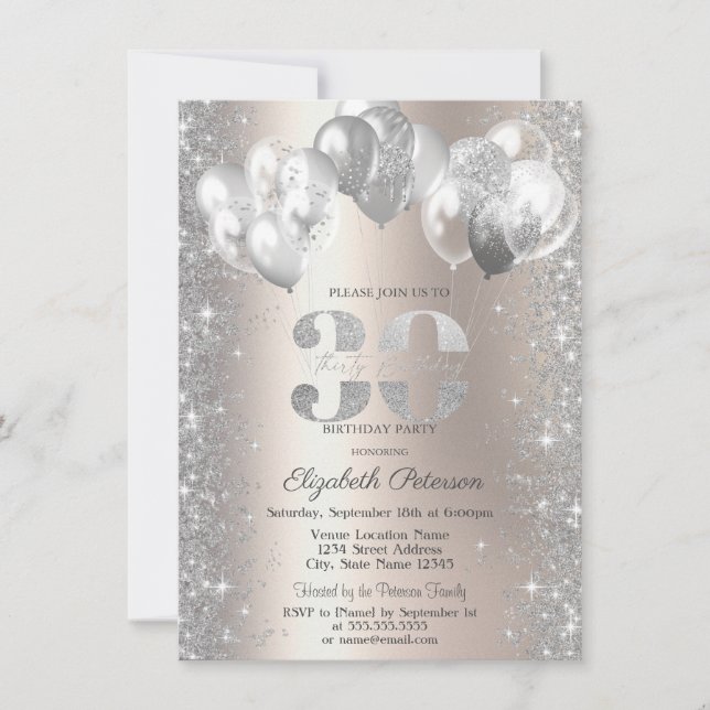Glitter Confetti Balloons Champagne 30th Birthday Invitation (Front)