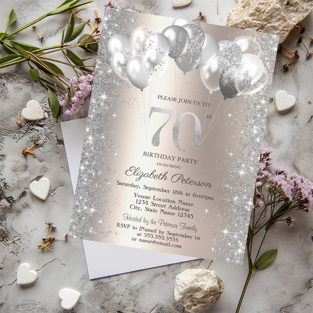 Glitter Confetti Balloons Champagne 70th Birthday Invitation (Creator Uploaded)