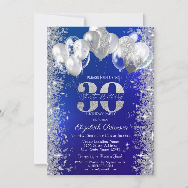 Glitter Confetti Balloons Navy Blue 30th Birthday Invitation (Front)