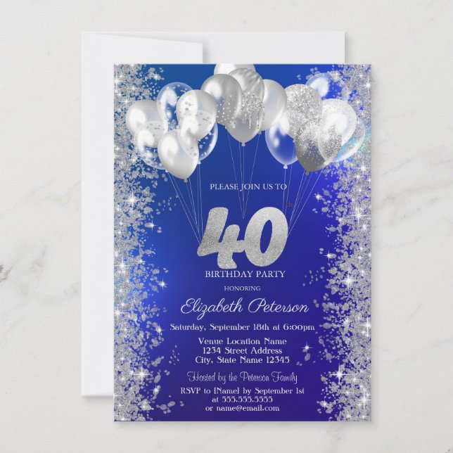  Glitter Confetti Balloons Navy Blue 40th Birthday Invitation (Front)