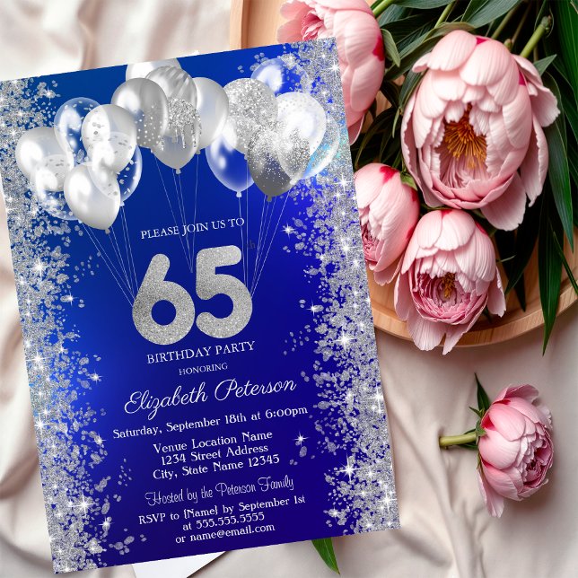  Glitter Confetti Balloons Navy Blue 65th Birthday Invitation (Creator Uploaded)