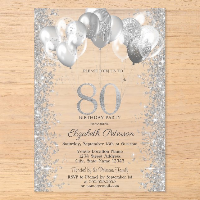 Glitter Confetti Balloons Navy Blue 80th Birthday Acrylic Invitations (Front)