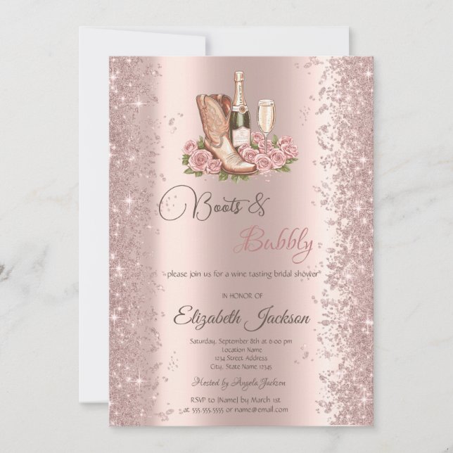 Glitter Confetti Boots Wine Flowers Bridal Shower  Invitation (Front)