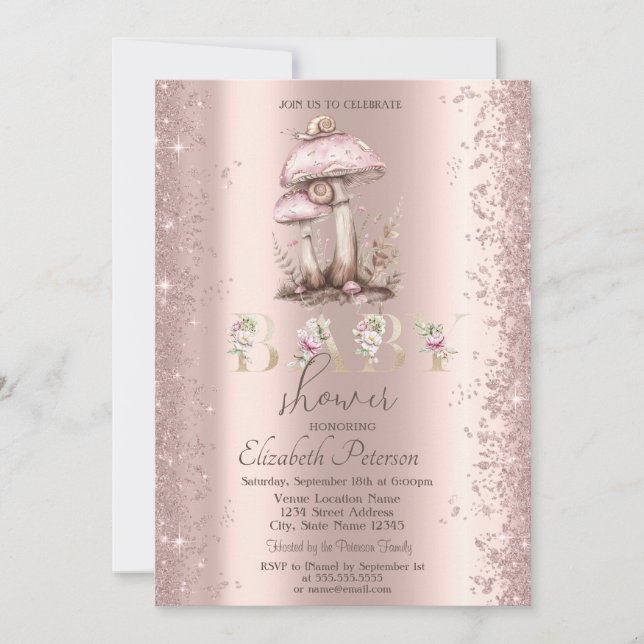 Glitter Confetti Mushrooms Snail Baby Shower Invitation (Front)