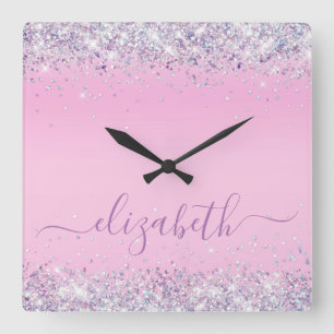 Glitter Confetti Personalized Pink Square Wall Clo Clock
