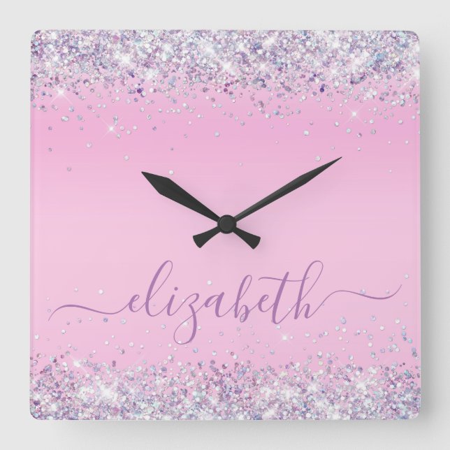 Glitter Confetti Personalized Pink Square Wall Clo Clock (Front)