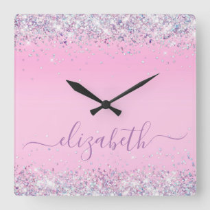 Glitter Confetti Personalized Pink Square Wall Clo Square Wall Clock