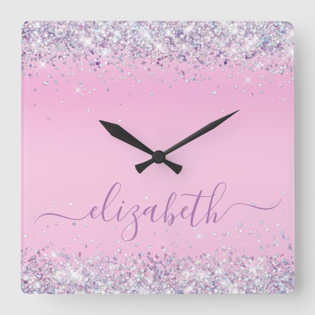 Glitter Confetti Personalized Pink Square Wall Clo Square Wall Clock (Front)