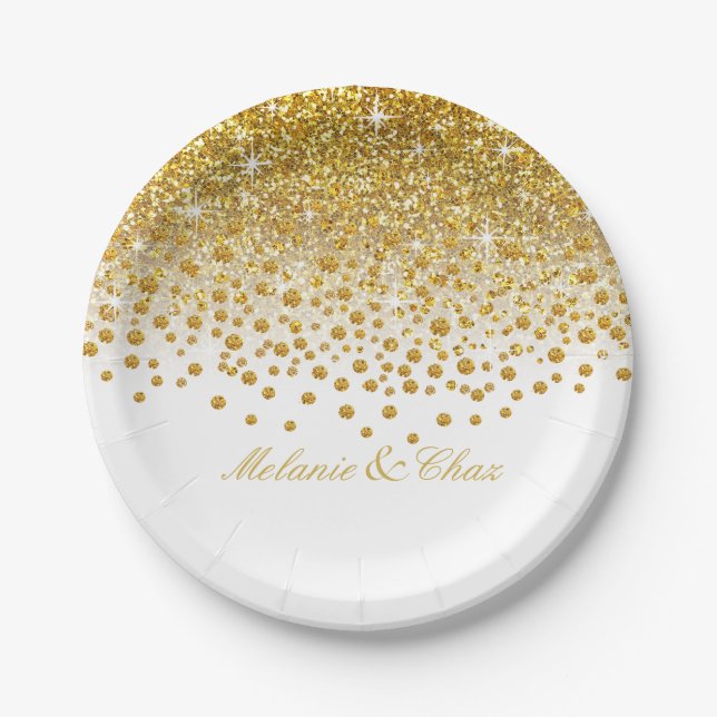 Glitter Confetti Shower | gold white Paper Plate (Front)