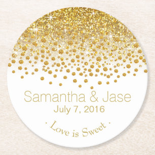 Glitter Confetti Shower Party   gold white Round Paper Coaster