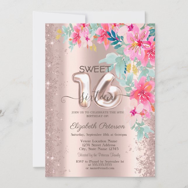 Glitter Confetti Spring Flowers Rose Gold Sweet 16 Invitation (Front)