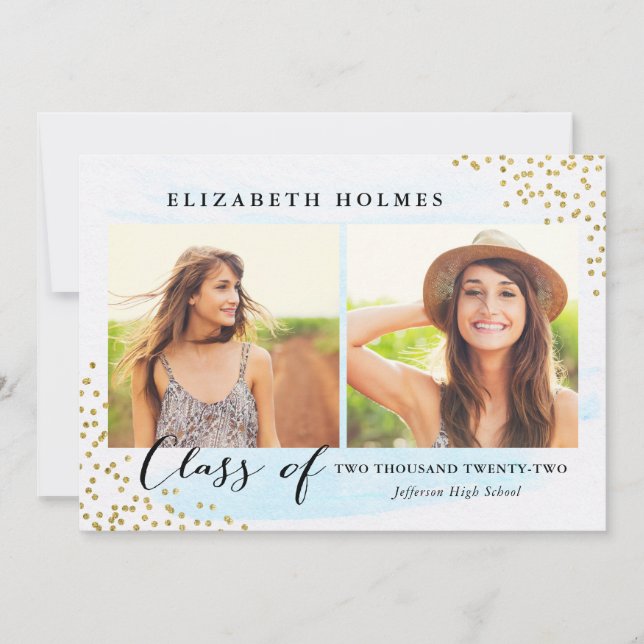 Glitter Confetti Sprinkle 2 Photo Graduation Blue Invitation (Front)