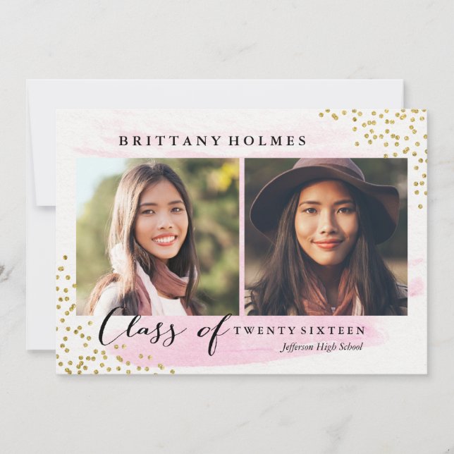 Glitter Confetti Sprinkle 2 Photo Graduation Pink Invitation (Front)