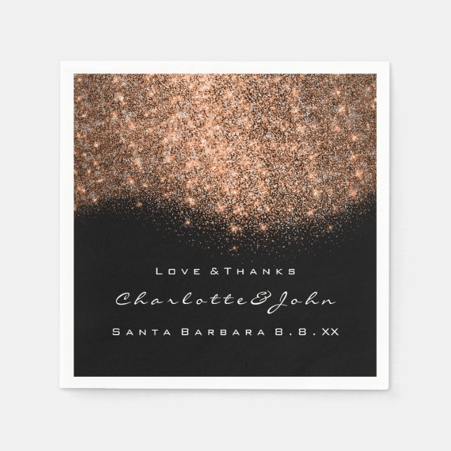 Glitter Copper Black White Thank You Name Napkin (Front)