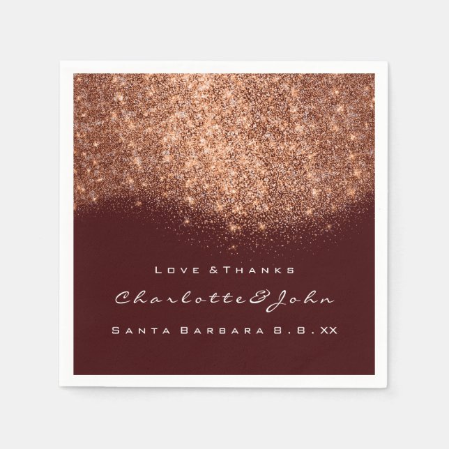 Glitter Copper Burgundy White Thank You Name Napkin (Front)