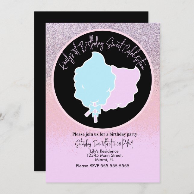  Glitter Cotton Candy Birthday Party Pink Blue Invitation (Front/Back)