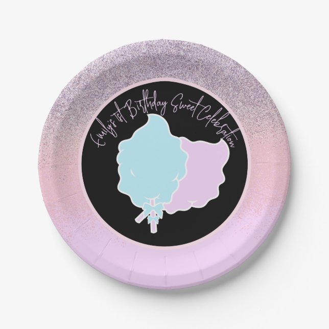  Glitter Cotton Candy Birthday Party Pink Blue Paper Plate (Front)