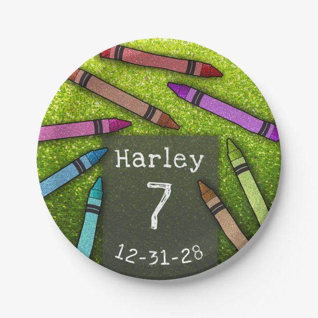 Glitter Crayons Colourful Birthday Party for Kids Paper Plate (Front)