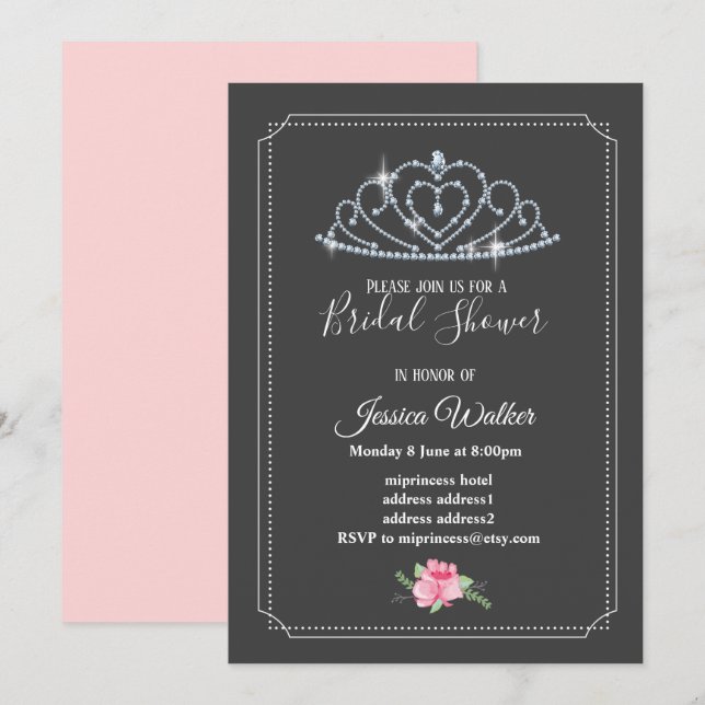 glitter crown, princess, pink floral bridal shower invitation (Front/Back)