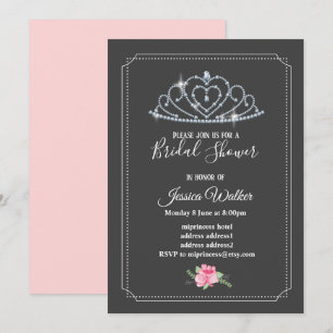 glitter crown, princess, pink floral bridal shower invitation