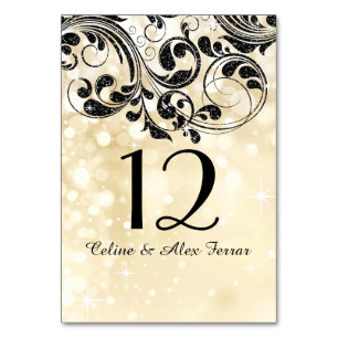 Glitter Curlicues on Faux Metallic Bokeh champagne Table Number