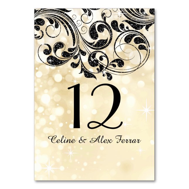 Glitter Curlicues on Faux Metallic Bokeh champagne Table Number (Front)
