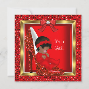 Glitter Cute Baby in Shoe Baby Shower Girl Red Invitation