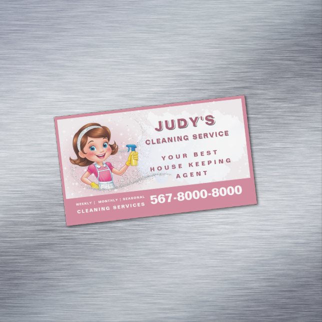 Glitter Cute Cleaning Lady QR code House Keeping Magnetic Business Card (In Situ)