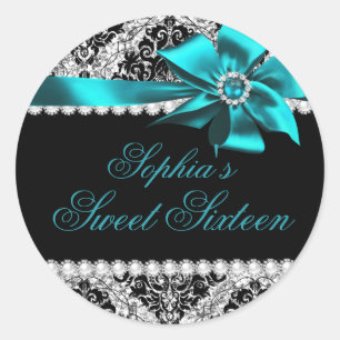 Glitter Damask & Jewel Teal Bow Sweet 16 Sticker