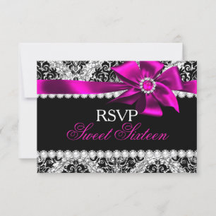 Glitter Damask & Pink Jewel Bow Sweet 16 RSVP