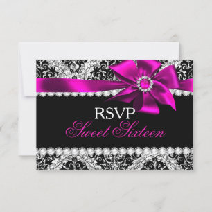 Glitter Damask & Pink Jewel Bow Sweet 16 RSVP Card